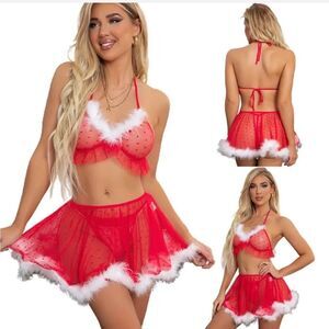 Christmas Sleepwear Sexy Women Xmas Lingerie Santa Bra and Panty Lace Babydoll